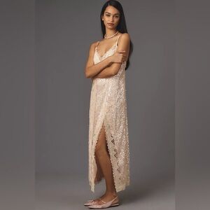 En Elly Anthropologie - Sleeveless V-Neck Lace Sequin Slip Midi Dress - Pink XS
